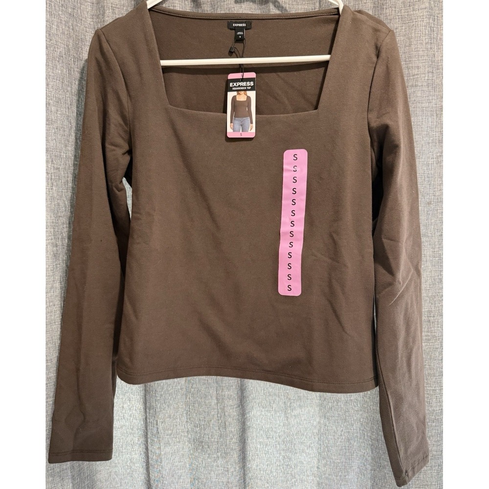 Express Womens Size S Brown Solid Square Neck Long Sleeve Pullover Top‎ NWT